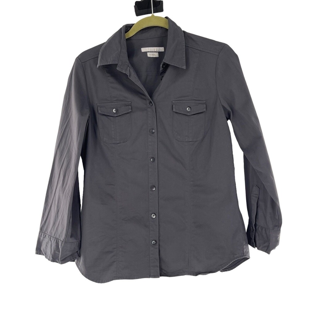 Old Navy Gray Button-Up Long Sleeve Shirt Womens M Office Stretch Work Blouse